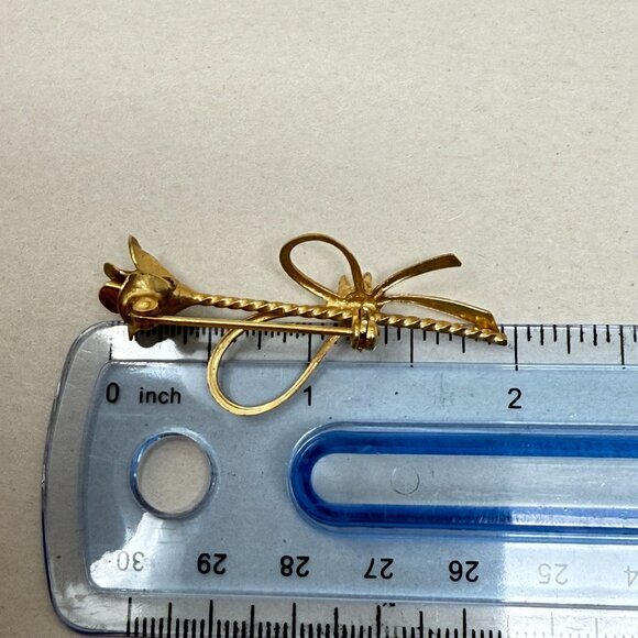 Vintage Rose Flower Brooch Gold-Tone Bow Dainty Minimal Imitation Pearl Retro - Picture 7 of 8